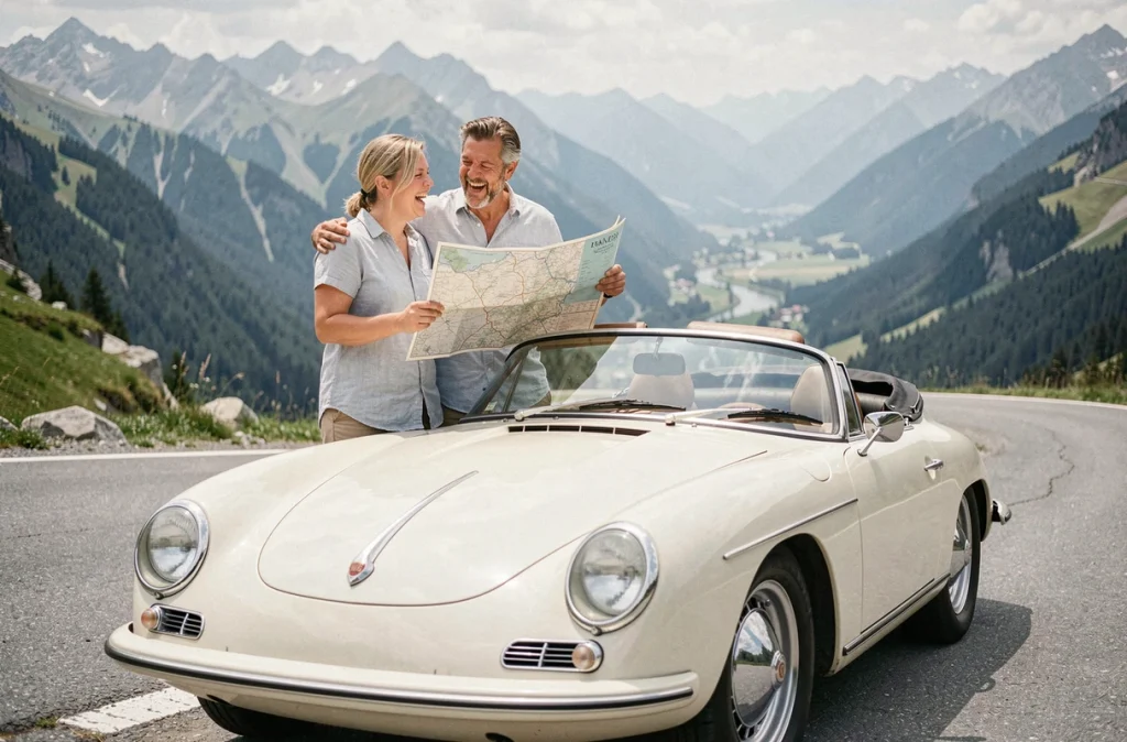 Couple de passionnés devant une Porsche ancienne crème sur une route de montagne lors d'une location de voiture classique