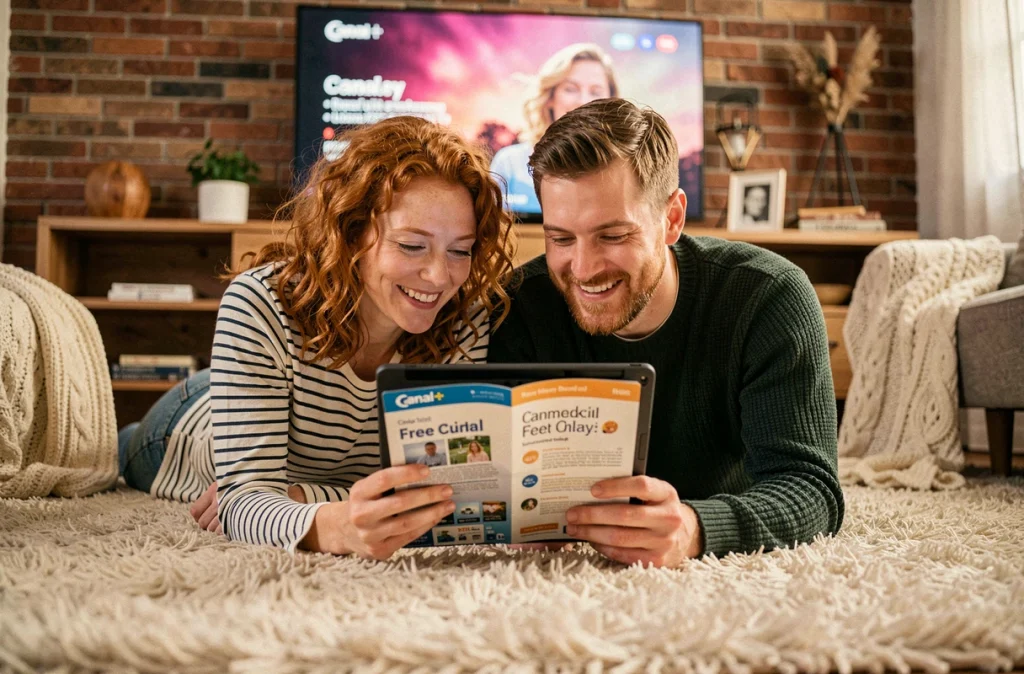 Couple utilisant une tablette pour explorer le catalogue pendant une période d'essai gratuit Canal Plus