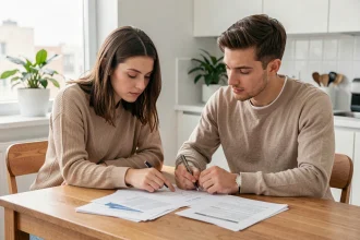 Jeune couple de primo-accédants examinant un dossier de prêt à taux zéro à leur table de cuisine