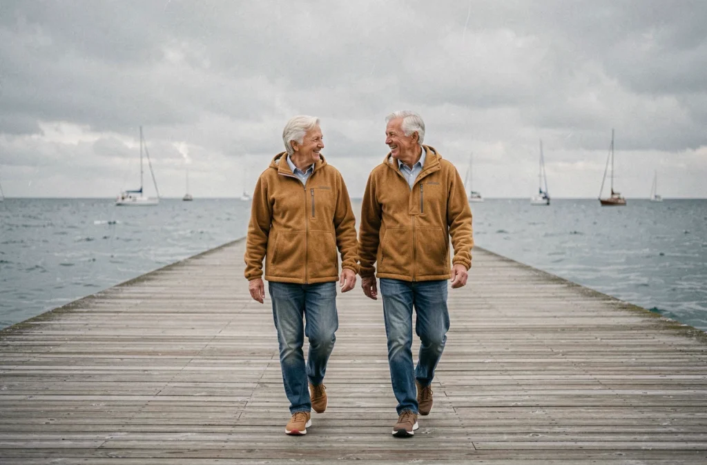 Couple de seniors marchant ensemble sur un front de mer, symbolisant les bénéfices de la marche régulière sur la santé cardiaque chez les personnes âgées
