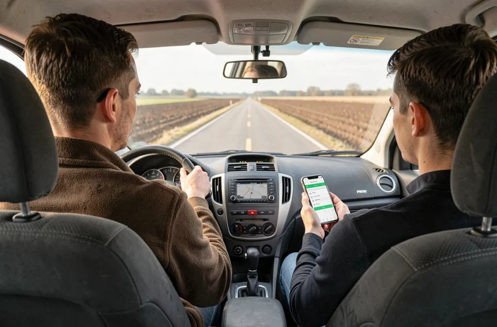 Deux hommes partagent un trajet en covoiturage sur une route rurale, l'un conduisant et l'autre consultant une application de covoiturage sur son téléphone