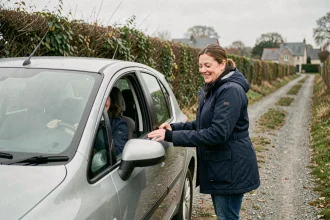 Une femme en zone rurale monte dans une voiture lors d'un trajet de covoiturage quotidien sur une route de campagne française