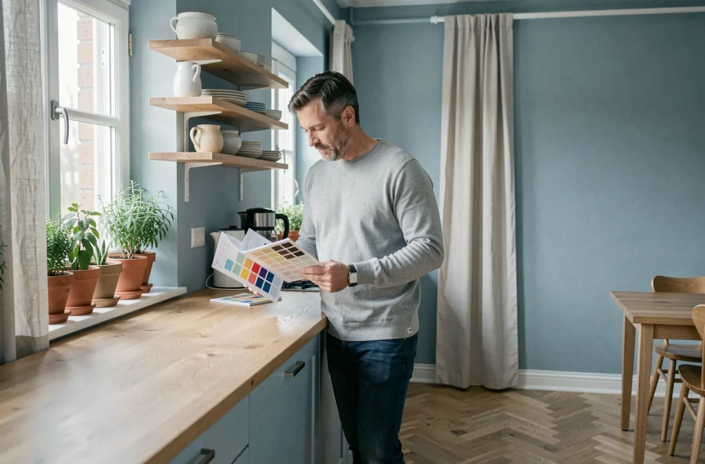 Homme consultant un nuancier de peinture dans une cuisine scandinave repeinte en bleu poudré doux avec des étagères en bois ouvertes