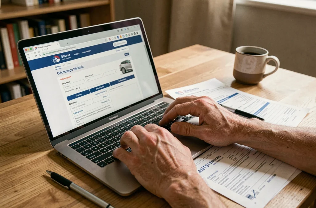 Mains effectuant les démarches en ligne d'immatriculation d'un véhicule importé sur le site officiel ANTS