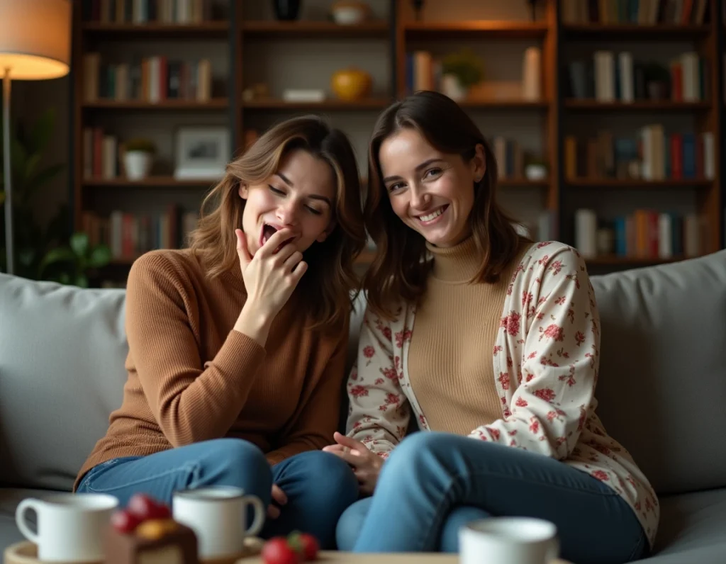 Deux femmes riant ensemble sur un canapé, l'une racontant une blague amusante lors d'une soirée conviviale