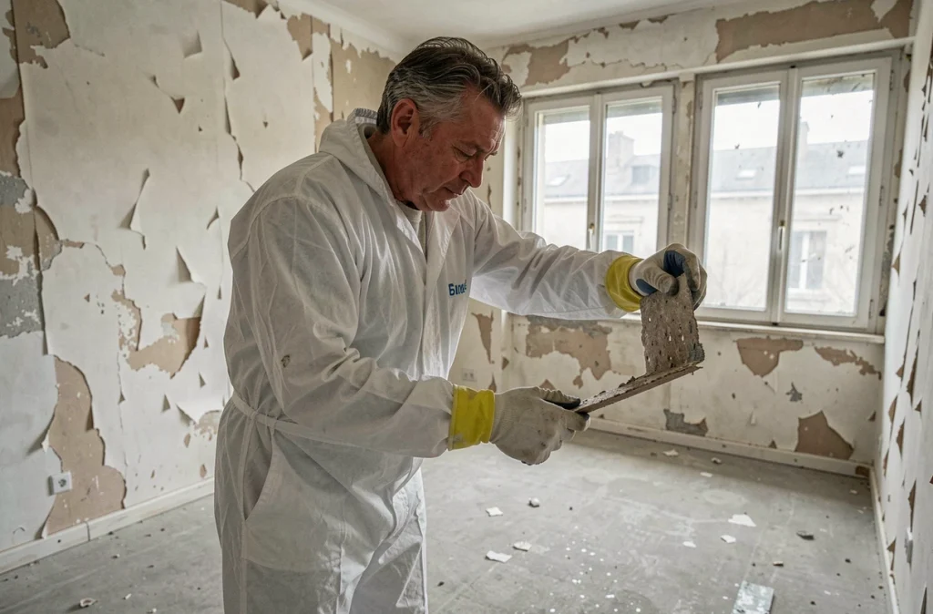Technicien en combinaison de protection réalisant un diagnostic amiante dans un appartement vide avant sa mise en vente