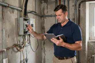 Diagnostiqueur immobilier inspectant le tableau électrique d'un appartement lors d'un diagnostic obligatoire avant vente