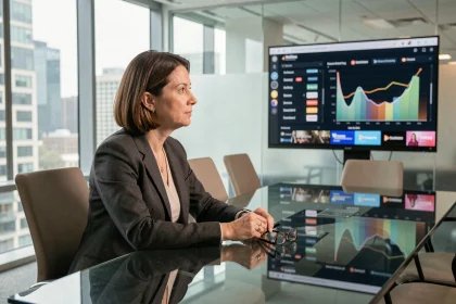 Dirigeante d'une entreprise audiovisuelle analysant les données de streaming sur un écran dans un bureau moderne