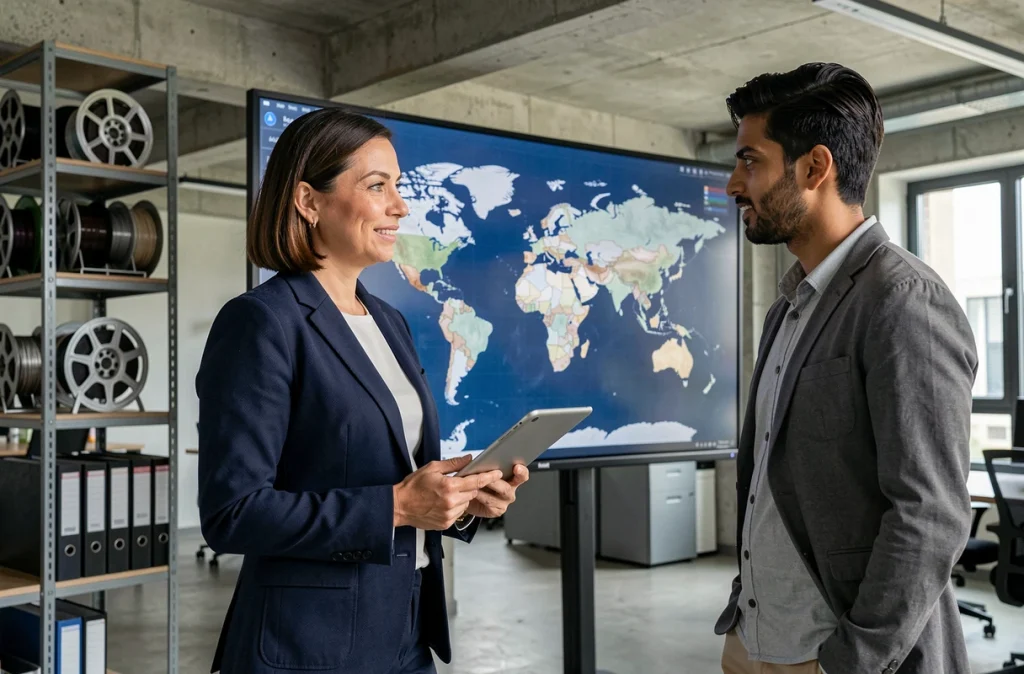Dirigeante d'un studio français devant une carte mondiale numérique discutant de stratégie d'expansion internationale avec un collaborateur