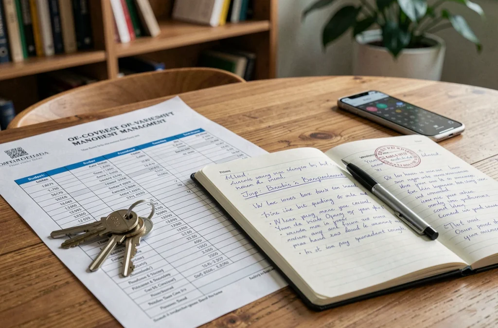 Documents de gestion de copropriété, clés d'immeuble et notes de réunion sur un bureau de syndic