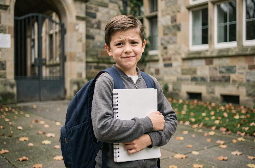 Enfant avec un sac à dos devant l'entrée de son école le jour de la rentrée scolaire