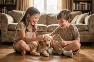 Deux enfants riant ensemble avec leur chien golden retriever sur le parquet d'un salon chaleureux
