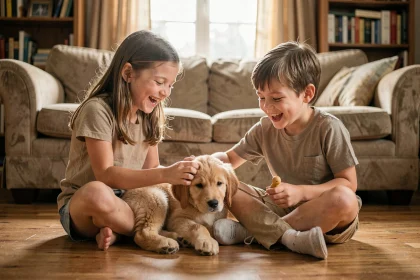 Deux enfants riant ensemble avec leur chien golden retriever sur le parquet d'un salon chaleureux