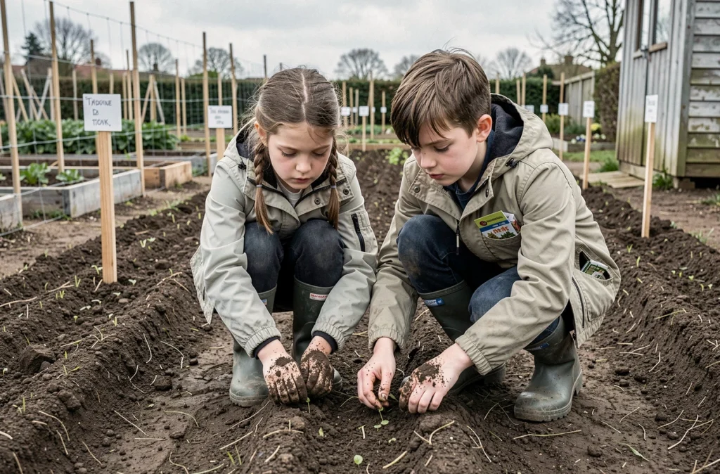 Deux enfants sèment des graines de légumes dans les rangs d'un potager communautaire en plein air