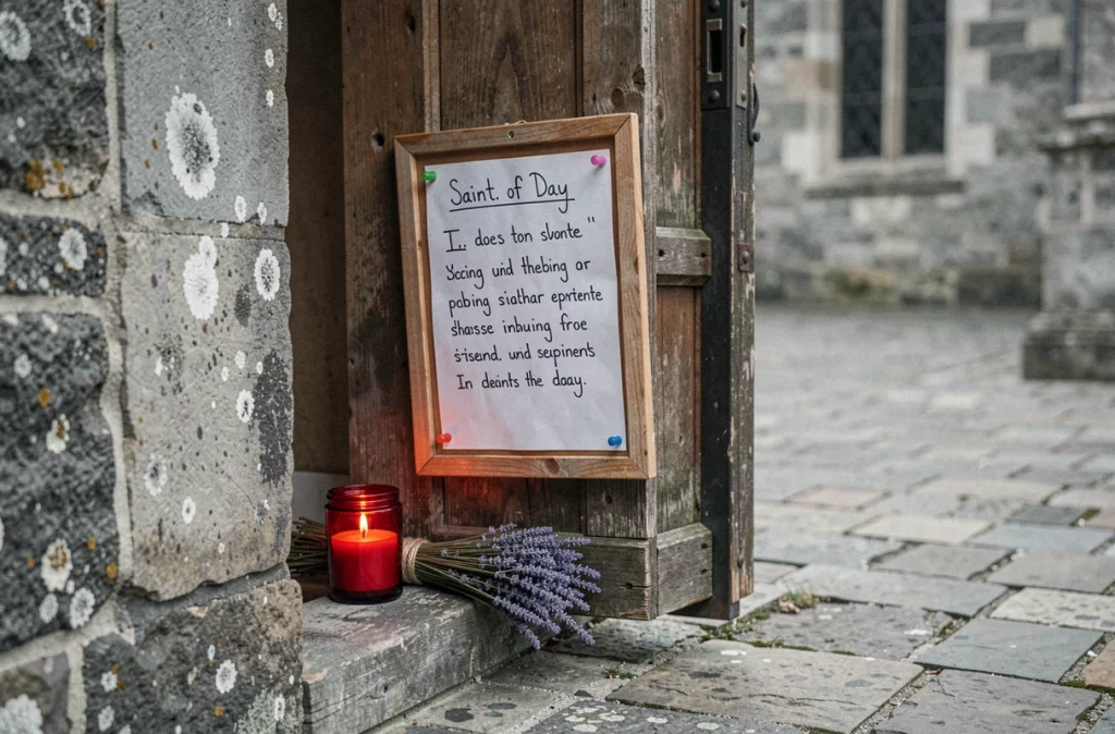 Entrée d'église en pierre avec panneau annonçant le saint du jour et bougie votive