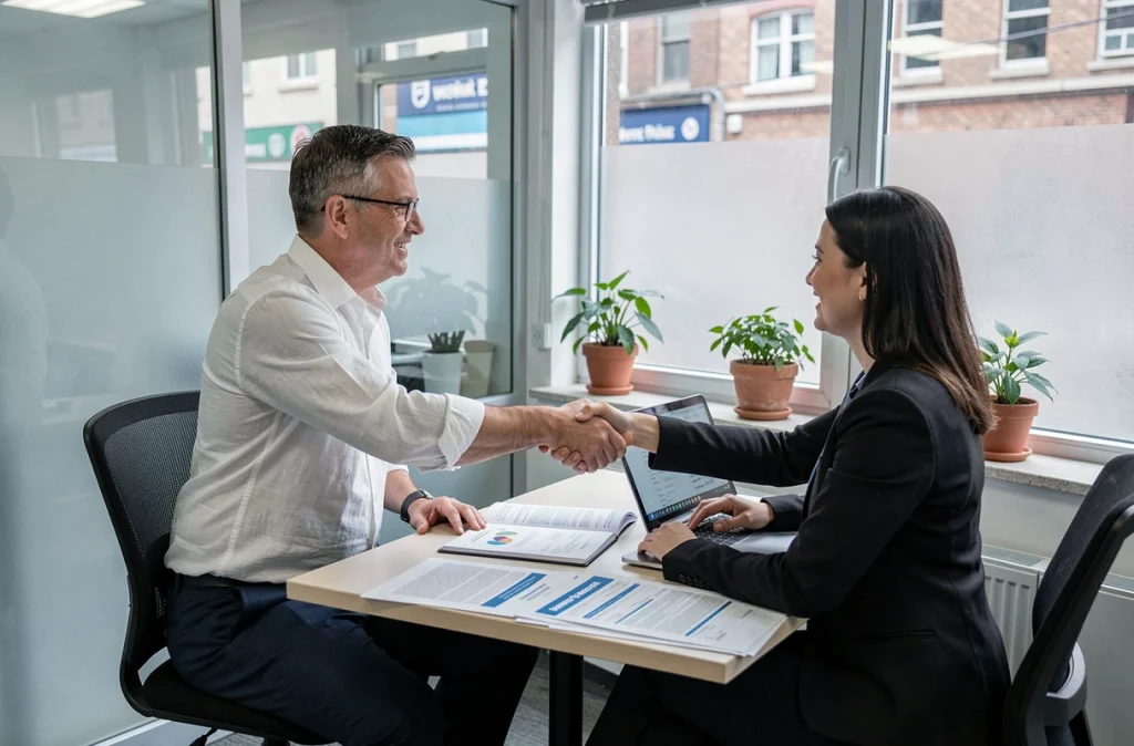 Entrepreneur signant un accord de microcrédit avec un conseiller financier dans une agence de microfinance