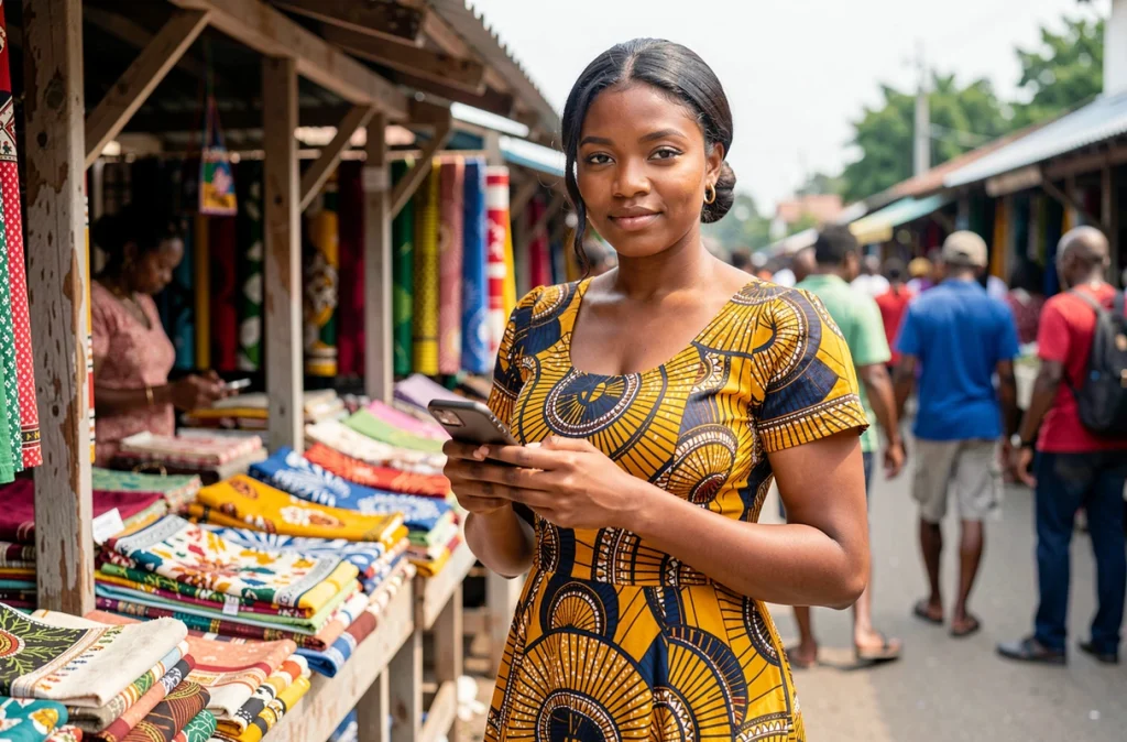 Jeune entrepreneuse africaine gérant son activité de vente de textiles grâce au microcrédit mobile