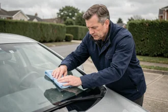 Homme entretenant le pare-brise de sa voiture avec un chiffon microfibre dans une allée résidentielle