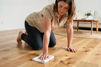 Femme entretenant son parquet en chêne naturel avec un chiffon microfibre humide dans un salon scandinave