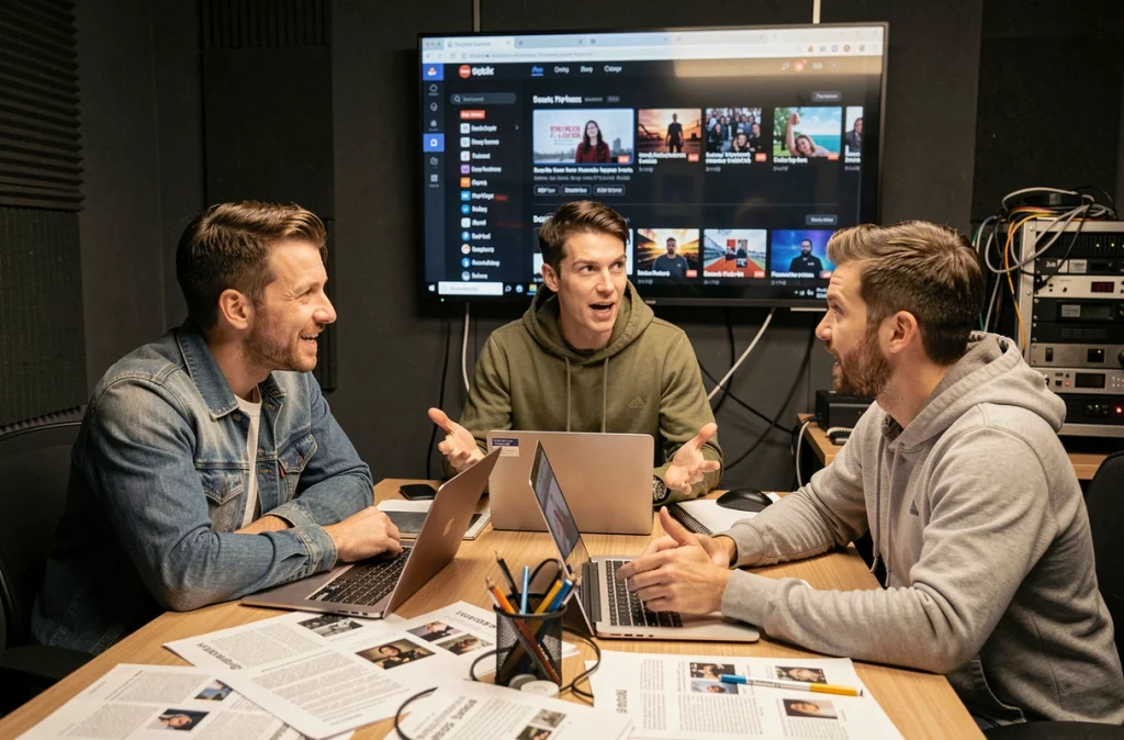 Équipe de production audiovisuelle en réunion stratégique autour des plateformes de diffusion numérique