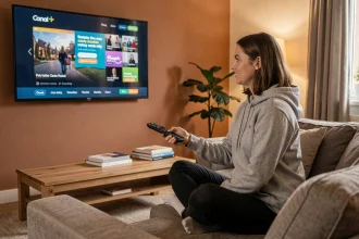 Femme regardant une offre d'essai gratuit Canal Plus sur sa télévision dans un salon moderne