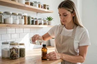 Femme préparant un produit ménager écologique à base de vinaigre blanc dans une cuisine en bois naturel