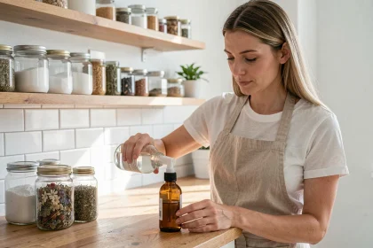 Femme préparant un produit ménager écologique à base de vinaigre blanc dans une cuisine en bois naturel