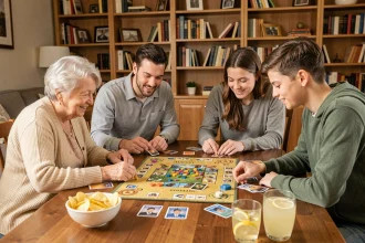 Famille multigénérationnelle réunie autour d'une table pour jouer à des jeux de société ensemble un après-midi
