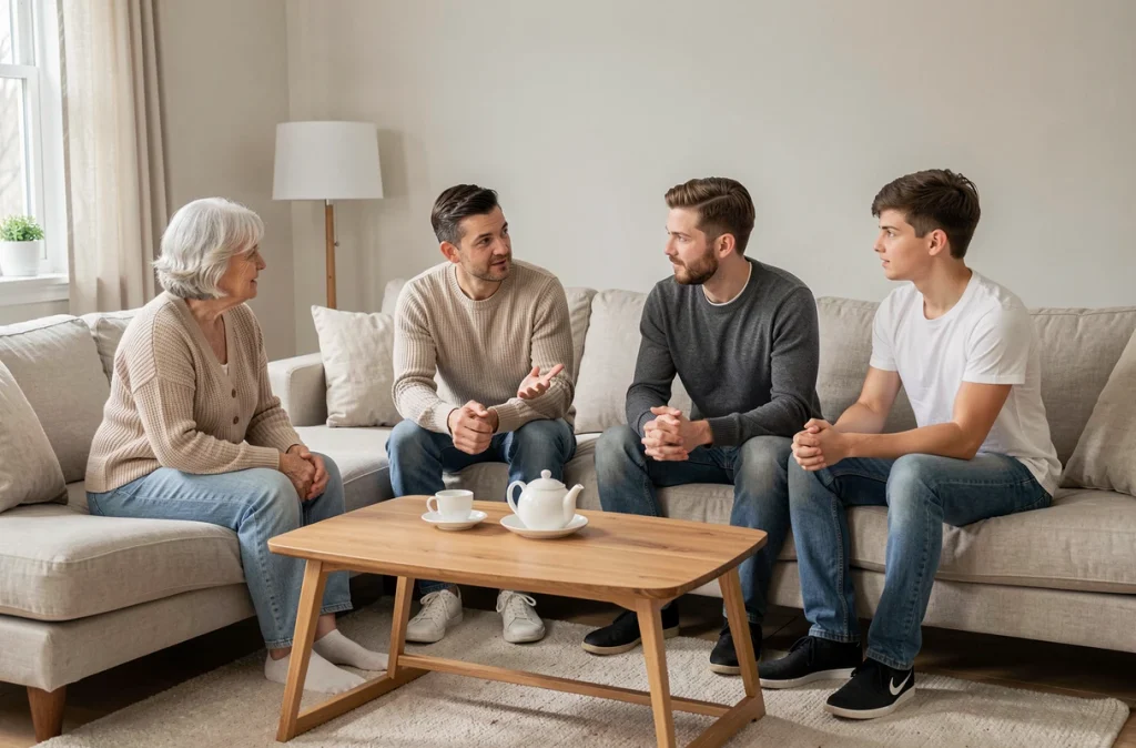 Famille multigénérationnelle réunie en cercle de discussion bienveillante dans un salon lumineux
