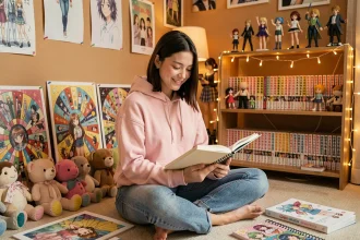 Jeune femme fan entourée de fanarts et peluches dans sa chambre, illustrant la culture du fandom et de l'affection pour des personnages fictifs