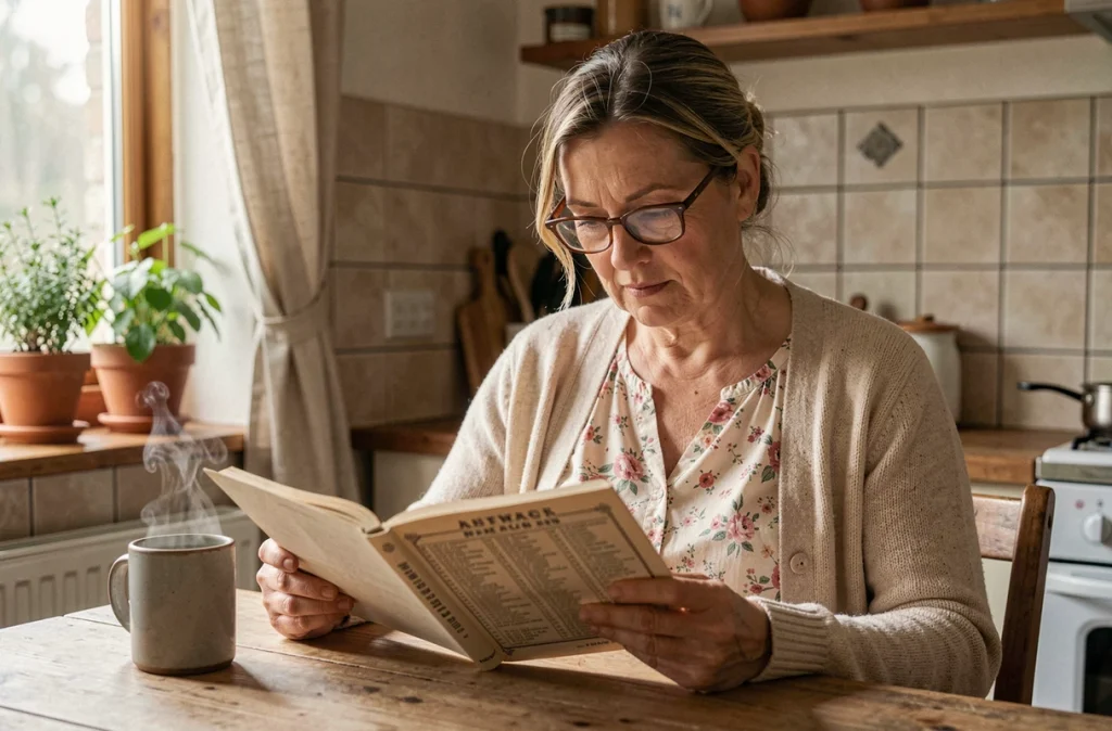 Femme consultant un almanach religieux à la cuisine pour découvrir le saint du jour