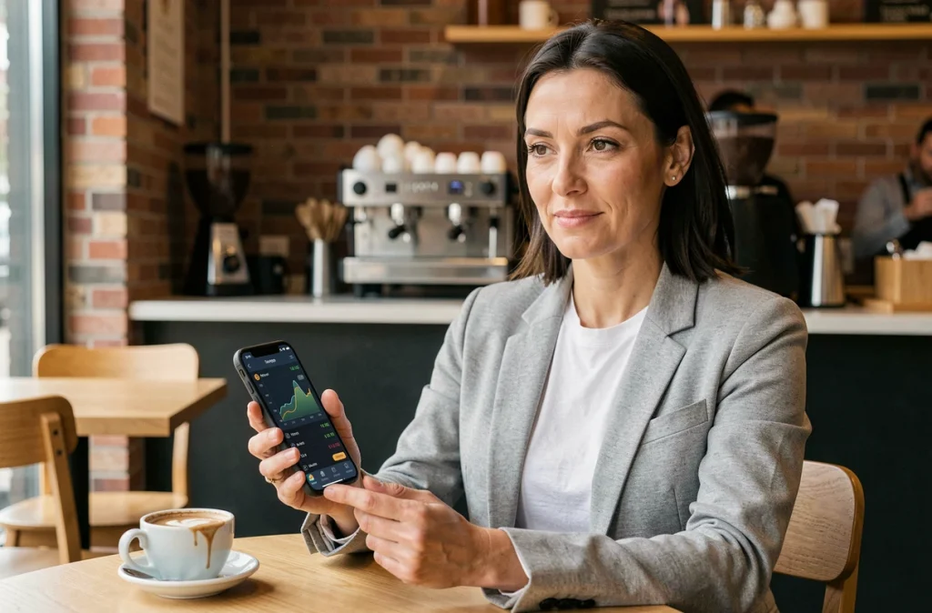 Femme consultant une application de trading de cryptomonnaies sur son smartphone dans un café urbain moderne
