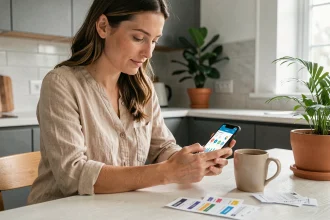 Femme utilisant une application de gestion de budget sur smartphone à la cuisine
