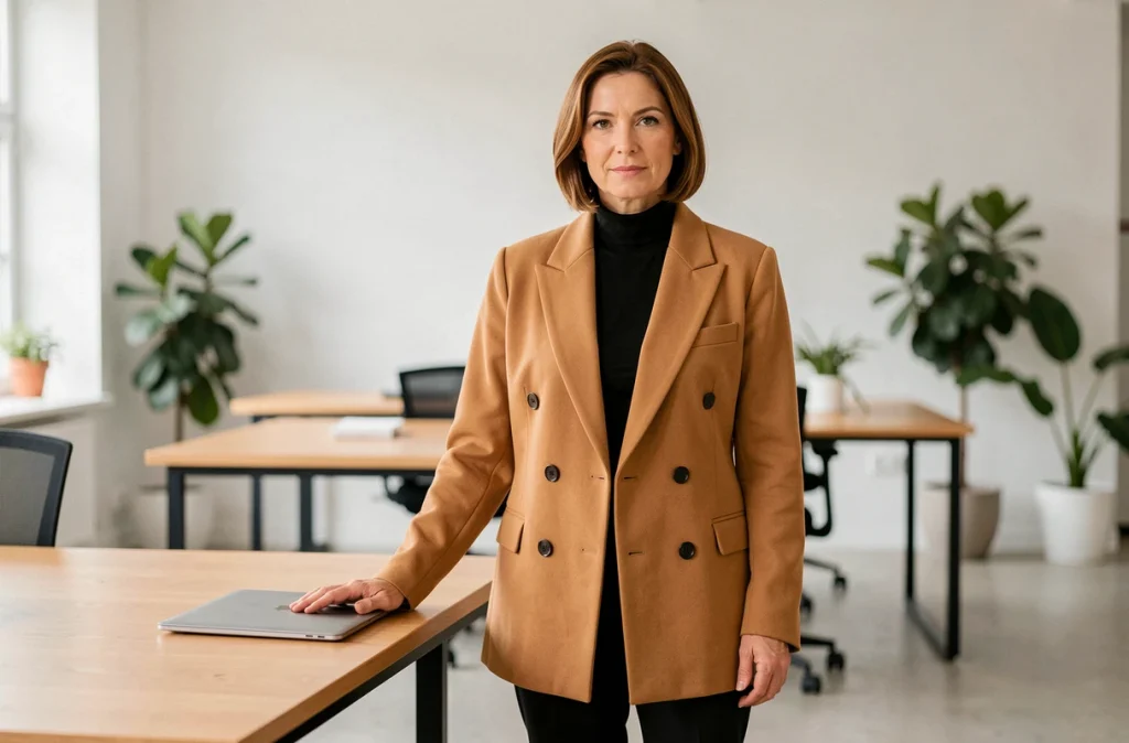 Femme en blazer croisé camel oversize dans un bureau moderne minimaliste, style professionnel et élégant au quotidien