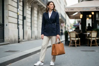 Femme portant un blazer croisé bleu marine avec un pantalon écru dans une rue parisienne, style casual chic au quotidien