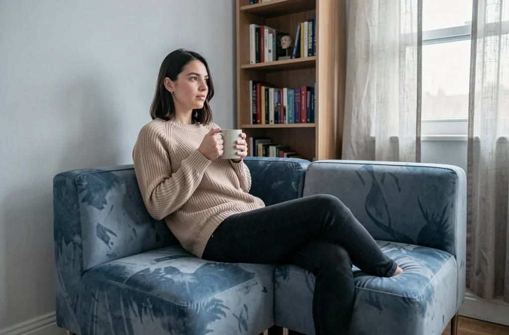 Femme assise sur un canapé modulable en velours bleu dans un studio aménagé avec étagères et fenêtre