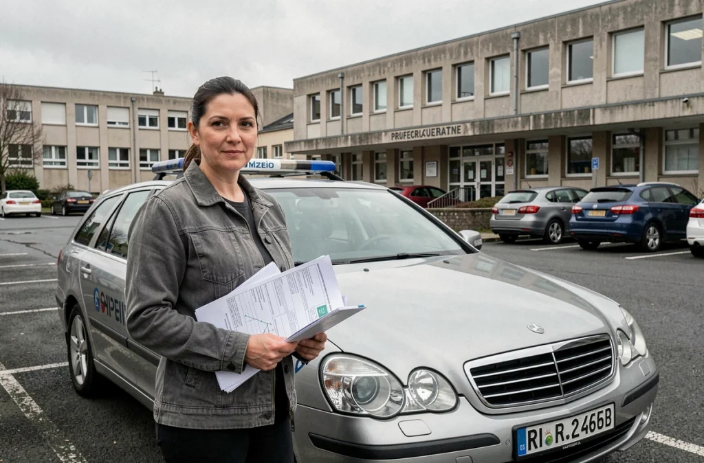Femme tenant des documents d'importation devant une voiture étrangère garée près d'une préfecture française