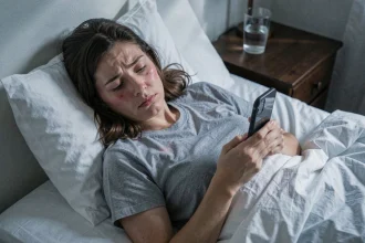 Femme fatiguée au lit le soir utilisant son smartphone avant de dormir, perturbant son sommeil