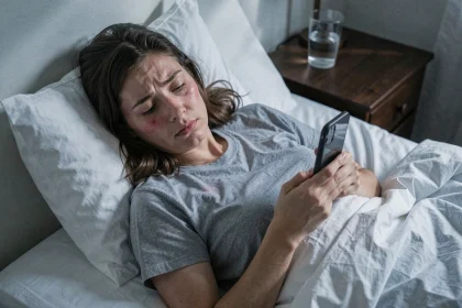 Femme fatiguée au lit le soir utilisant son smartphone avant de dormir, perturbant son sommeil