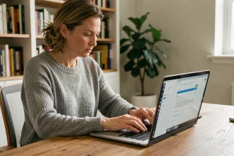 Femme rédigeant un email au service client Darty sur son ordinateur portable dans un bureau à domicile