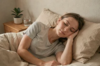 Femme endormie paisiblement dans un lit aux draps en lin, illustrant l'importance du sommeil pour l'équilibre hormonal et le bien-être