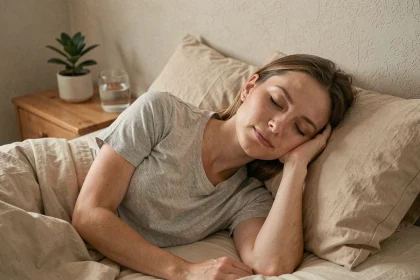 Femme endormie paisiblement dans un lit aux draps en lin, illustrant l'importance du sommeil pour l'équilibre hormonal et le bien-être