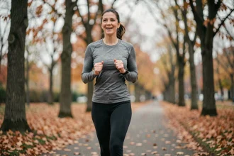 Femme en tenue de sport faisant du jogging dans un parc en automne pour réduire le risque de diabète grâce à l'activité physique régulière