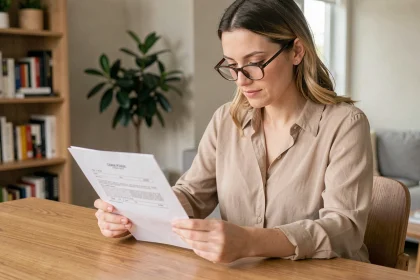 Femme lisant attentivement un contrat de bail de location à son bureau dans un appartement moderne
