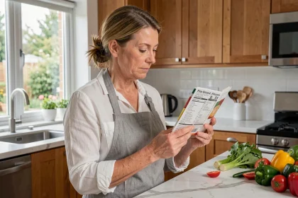 Femme d'âge moyen lisant l'étiquette nutritionnelle d'un aliment pour surveiller sa consommation de sel et prévenir l'hypertension