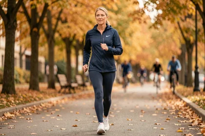 Femme d'une cinquantaine d'années marchant d'un pas vif sur une allée arborée en automne, illustrant les bienfaits de la marche quotidienne pour la santé cardiovasculaire