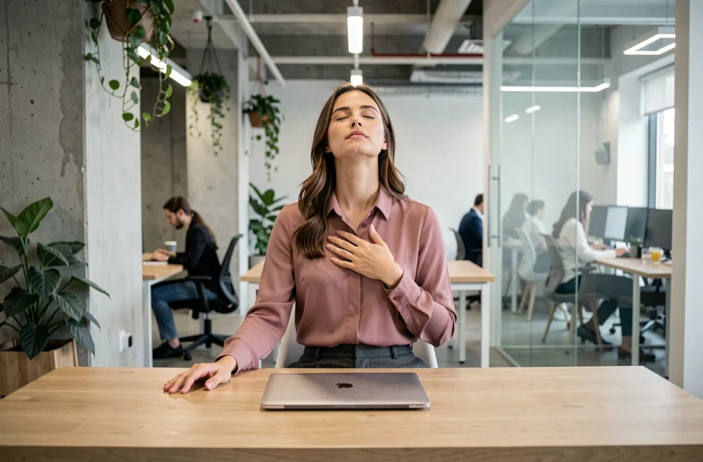 Jeune femme pratiquant une pause méditation au bureau pour lutter contre le stress professionnel
