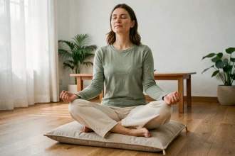 Femme pratiquant la méditation assise sur un coussin en lin dans un salon minimaliste pour réduire le stress