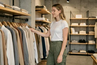 Jeune femme portant un pantalon cargo vert olive dans une boutique de mode urbaine minimaliste