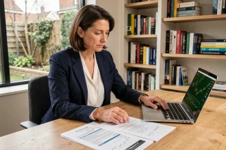 Une femme dans la quarantaine consulte des documents de placements responsables dans un bureau à domicile moderne, symbolisant l'essor de l'investissement durable en France